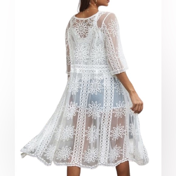 C+D+M Collection White Lace Embroidered Sheer Kimono - Picture 2 of 8